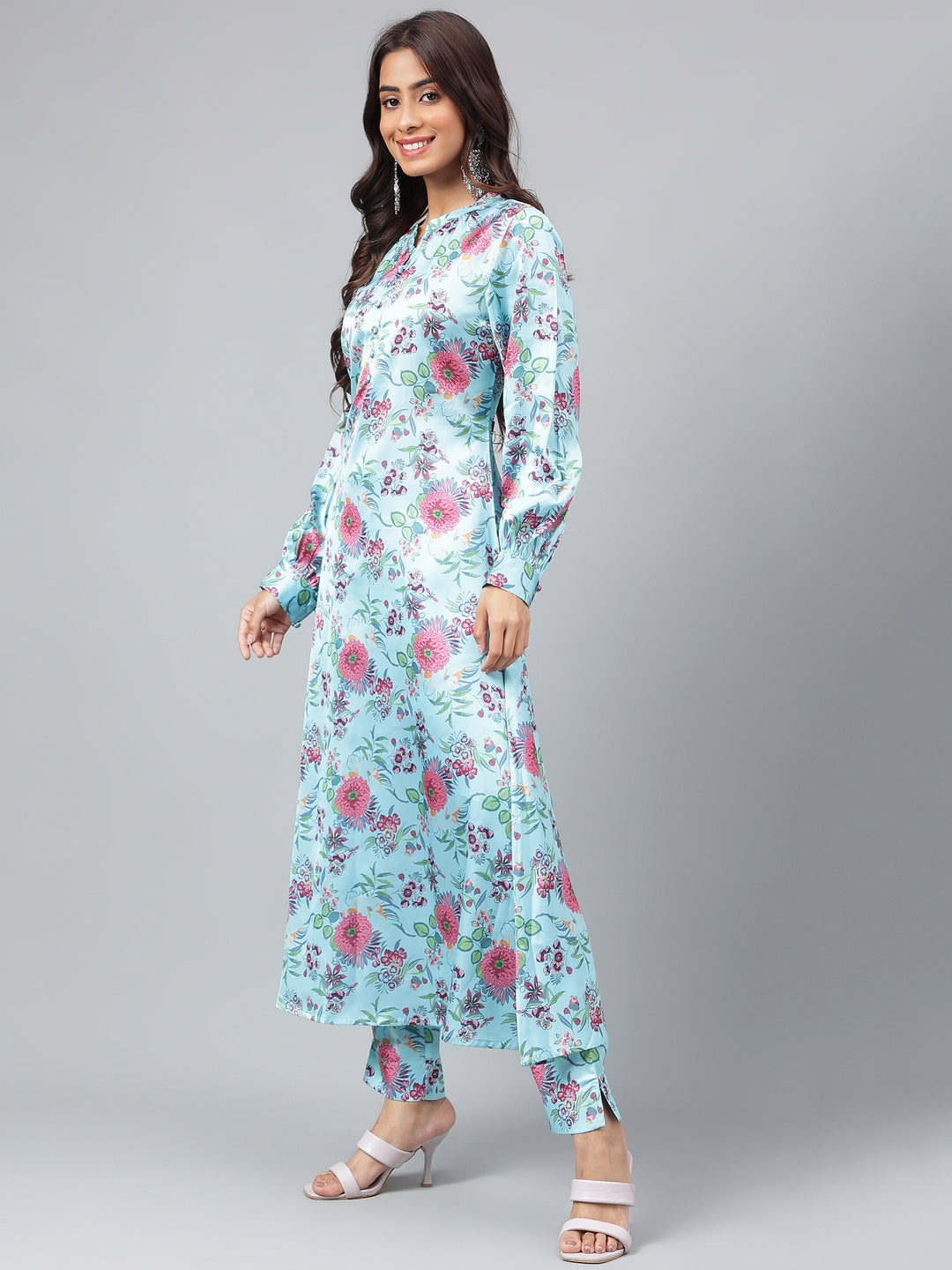 Janasya Women's Aqua Blue Satin Digital Floral Printed Straight Party kurta Set - Distacart