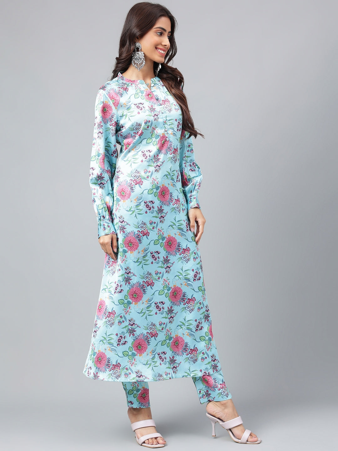 Janasya Women's Aqua Blue Satin Digital Floral Printed Straight Party kurta Set - Distacart