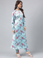 Thumbnail for Janasya Women's Aqua Blue Satin Digital Floral Printed Straight Party kurta Set - Distacart