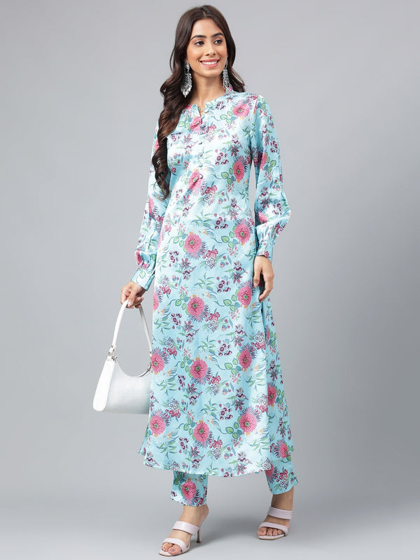 Janasya Women's Aqua Blue Satin Digital Floral Printed Straight Party kurta Set - Distacart