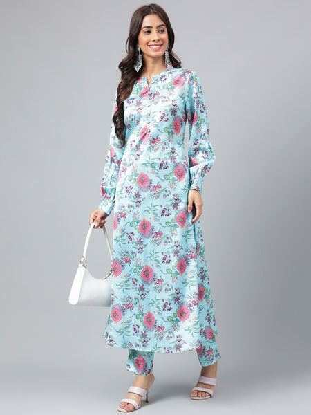 Janasya Women's Aqua Blue Satin Digital Floral Printed Straight Party kurta Set - Distacart