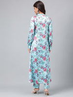 Thumbnail for Janasya Women's Aqua Blue Satin Digital Floral Printed Straight Party kurta Set - Distacart