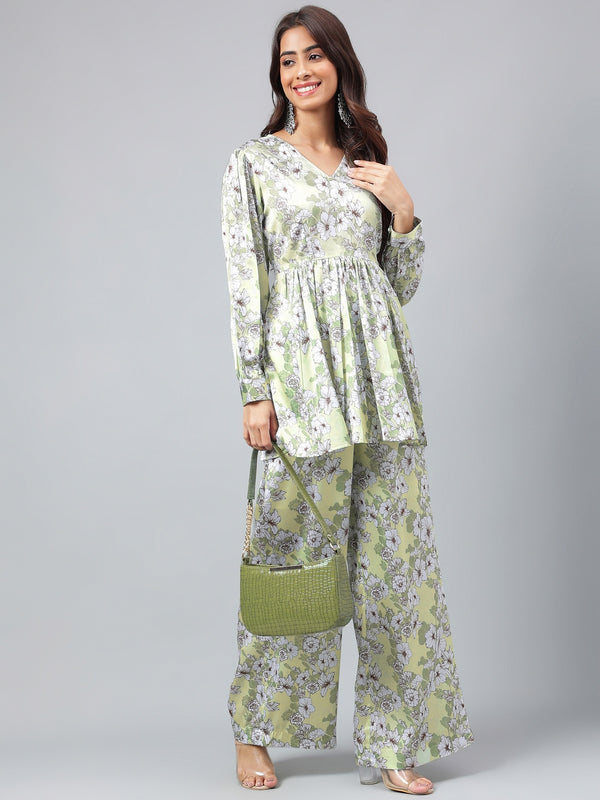 Janasya Women's Sage Green Satin Digital Floral Printed Flared Party Top Set - Distacart