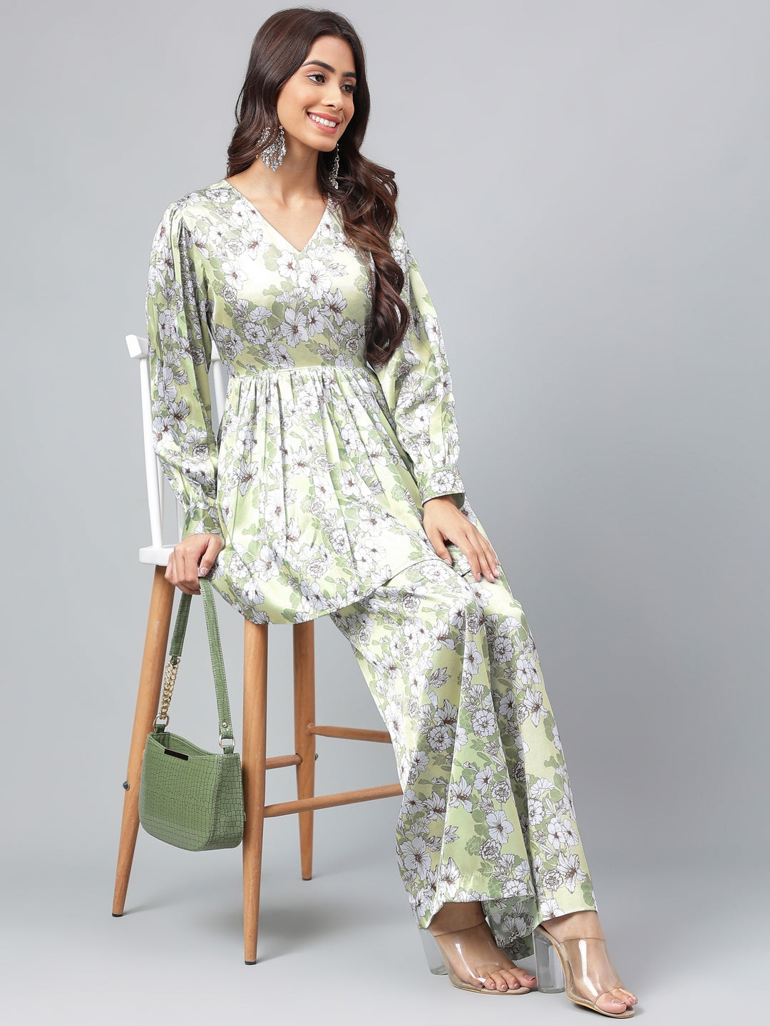 Janasya Women's Sage Green Satin Digital Floral Printed Flared Party Top Set - Distacart