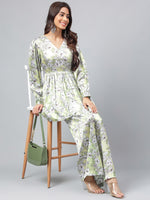 Thumbnail for Janasya Women's Sage Green Satin Digital Floral Printed Flared Party Top Set - Distacart