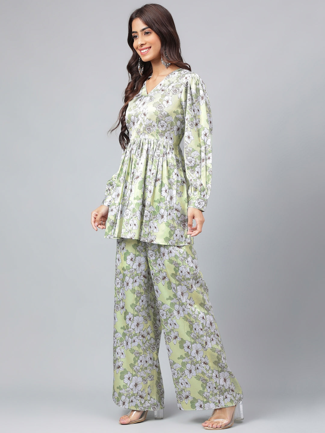 Janasya Women's Sage Green Satin Digital Floral Printed Flared Party Top Set - Distacart
