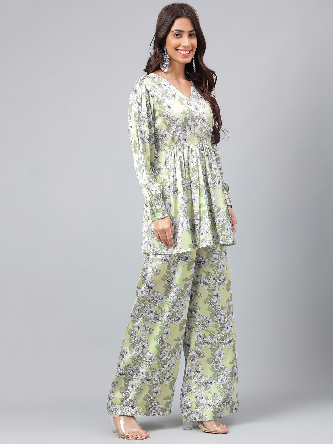Janasya Women's Sage Green Satin Digital Floral Printed Flared Party Top Set - Distacart