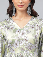 Thumbnail for Janasya Women's Sage Green Satin Digital Floral Printed Flared Party Top Set - Distacart