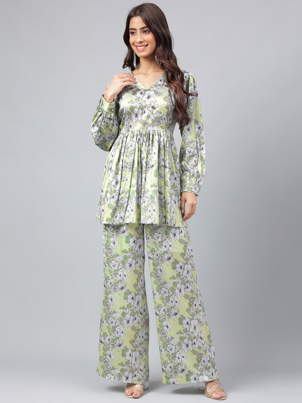 Janasya Women's Sage Green Satin Digital Floral Printed Flared Party Top Set - Distacart