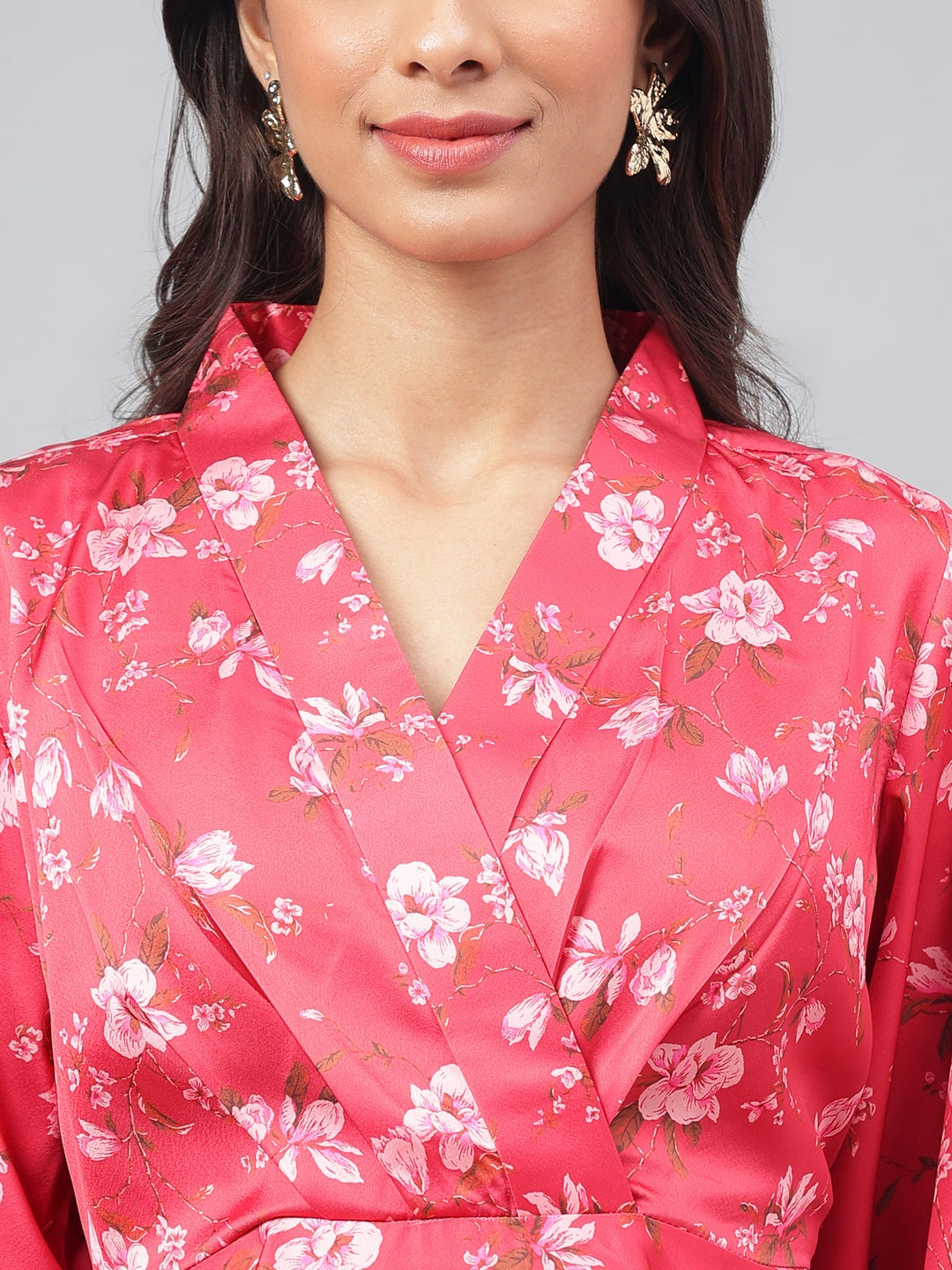 Janasya Women's Red Satin Digital Floral Printed Peplum Party Top Set - Distacart