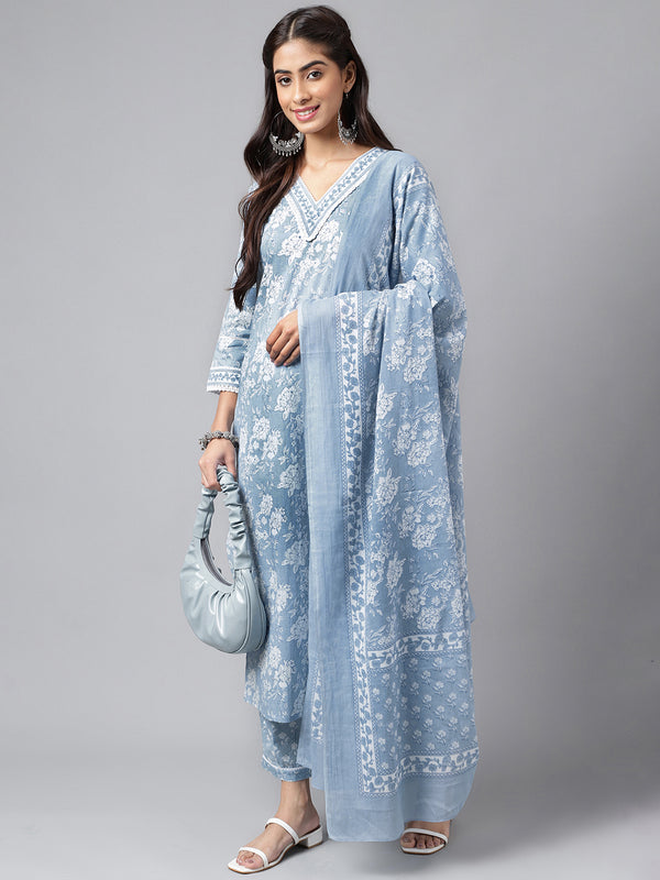 Janasya Women's Light Blue Cotton Floral Printed Straight Casual Kurta Set - Distacart