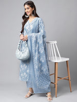 Thumbnail for Janasya Women's Light Blue Cotton Floral Printed Straight Casual Kurta Set - Distacart