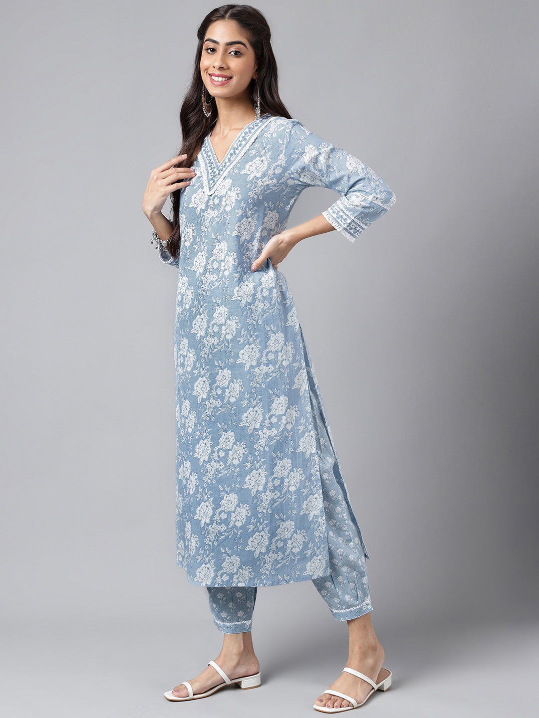 Janasya Women's Light Blue Cotton Floral Printed Straight Casual Kurta Set - Distacart