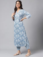 Thumbnail for Janasya Women's Light Blue Cotton Floral Printed Straight Casual Kurta Set - Distacart
