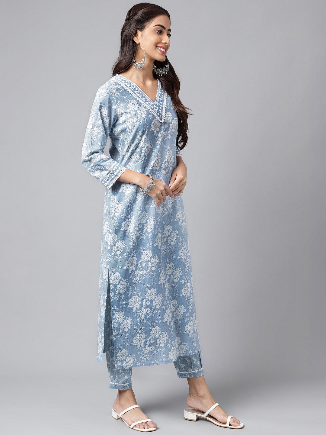 Janasya Women's Light Blue Cotton Floral Printed Straight Casual Kurta Set - Distacart