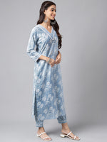 Thumbnail for Janasya Women's Light Blue Cotton Floral Printed Straight Casual Kurta Set - Distacart