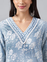 Thumbnail for Janasya Women's Light Blue Cotton Floral Printed Straight Casual Kurta Set - Distacart