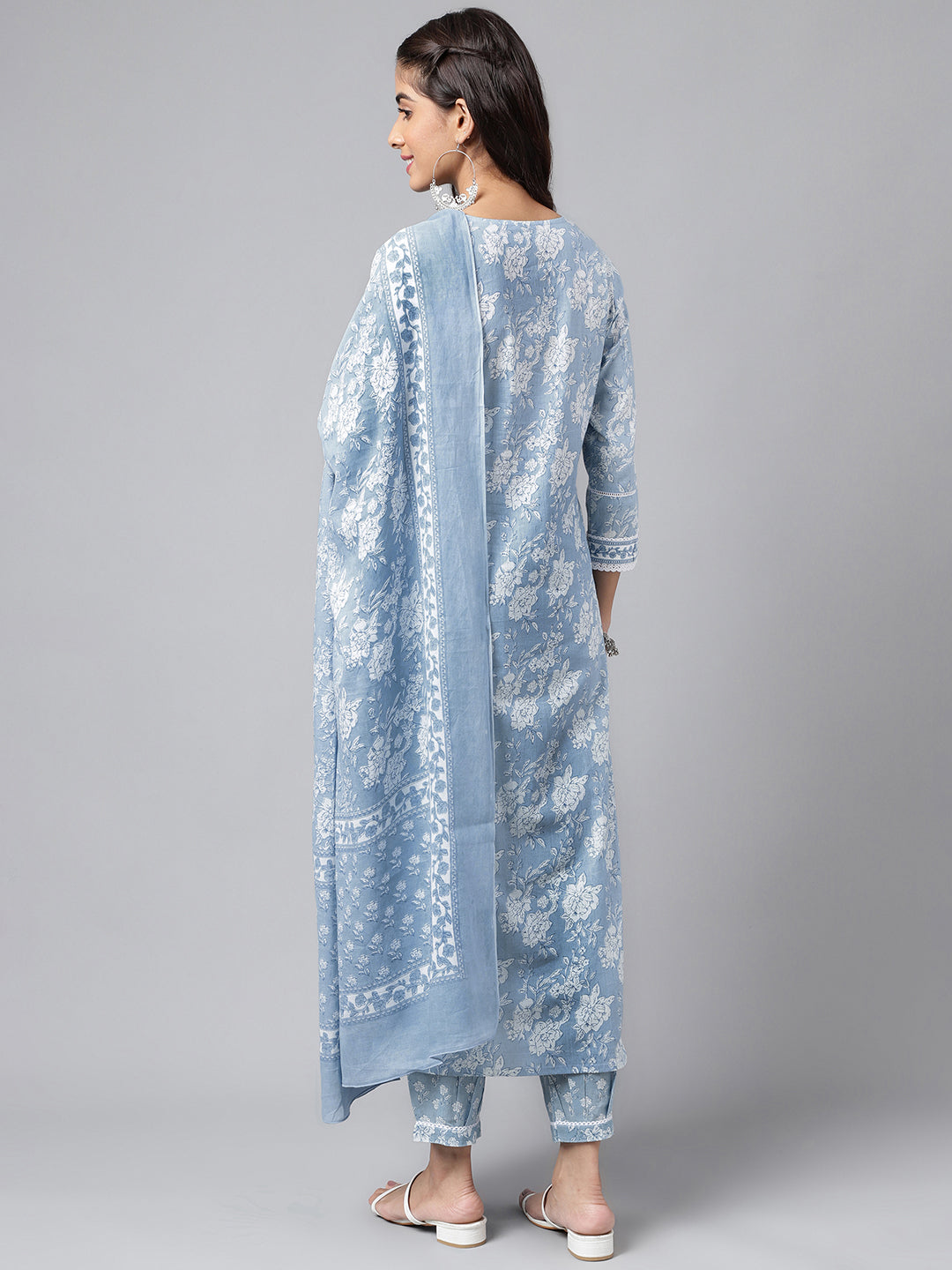 Janasya Women's Light Blue Cotton Floral Printed Straight Casual Kurta Set - Distacart