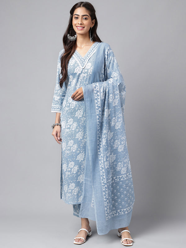 Janasya Women's Light Blue Cotton Floral Printed Straight Casual Kurta Set - Distacart