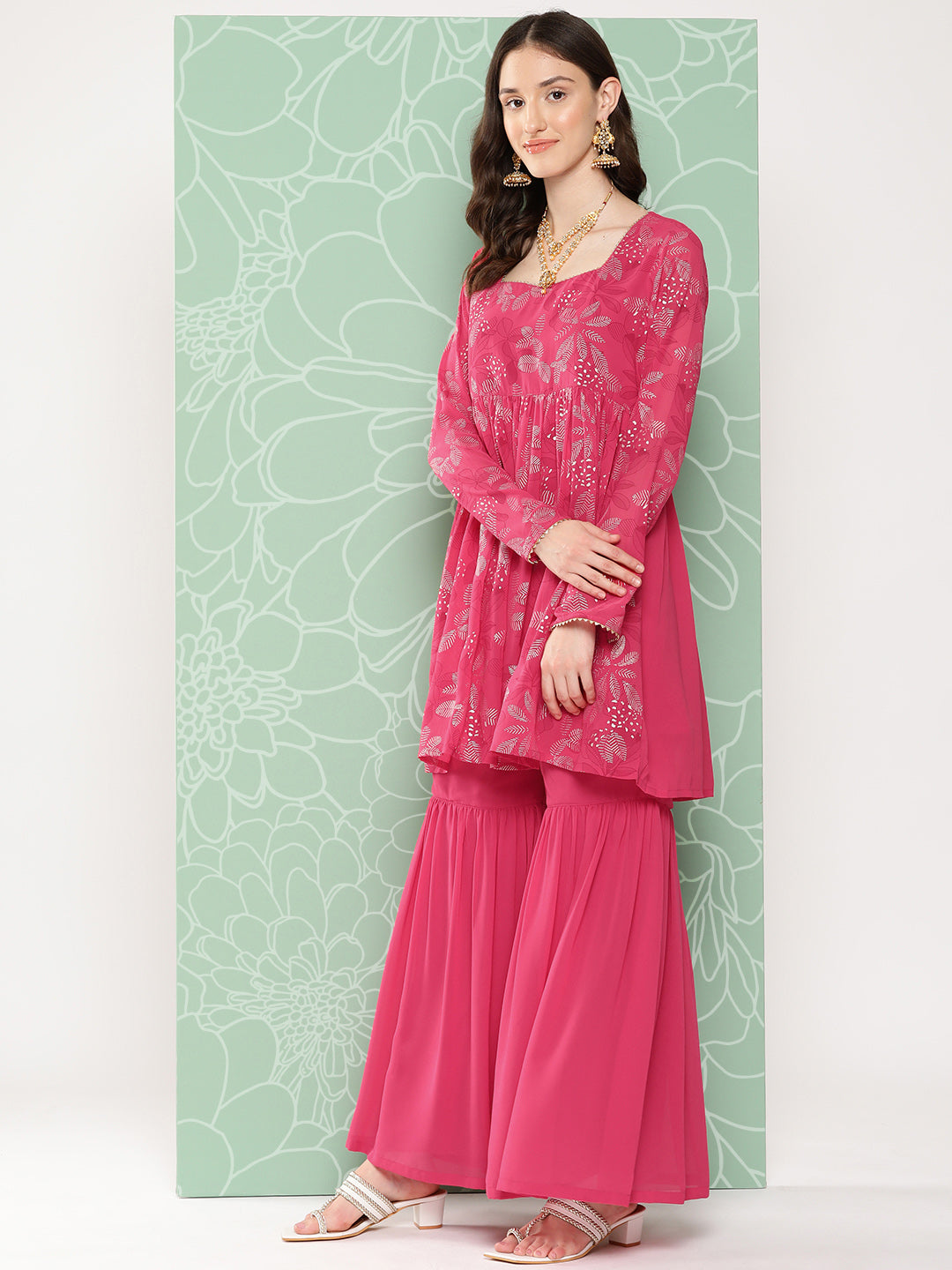 Janasya Women's Pink Georgette Foil Printed Flared Festive Short Kurta Set - Distacart