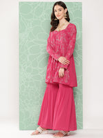 Thumbnail for Janasya Women's Pink Georgette Foil Printed Flared Festive Short Kurta Set - Distacart