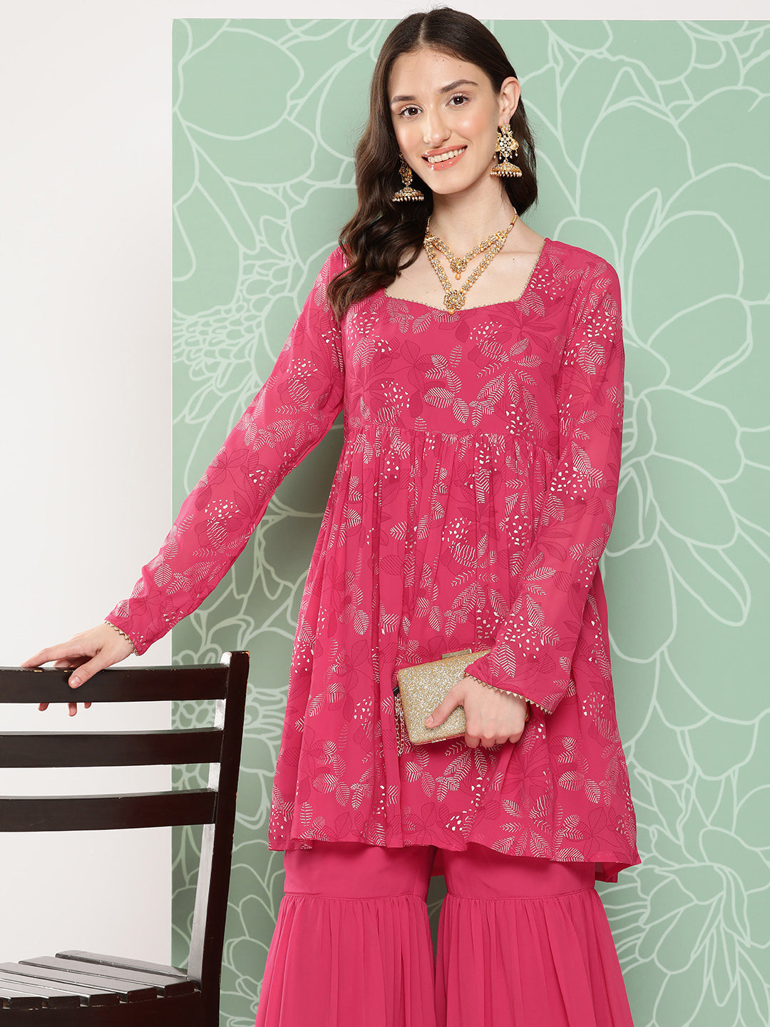 Janasya Women's Pink Georgette Foil Printed Flared Festive Short Kurta Set - Distacart