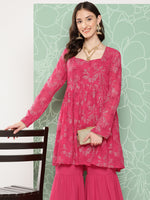 Thumbnail for Janasya Women's Pink Georgette Foil Printed Flared Festive Short Kurta Set - Distacart