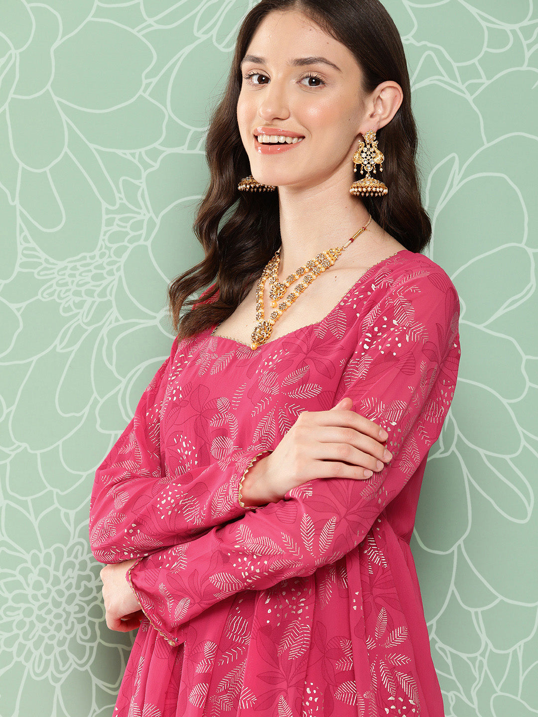 Janasya Women's Pink Georgette Foil Printed Flared Festive Short Kurta Set - Distacart