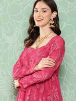 Thumbnail for Janasya Women's Pink Georgette Foil Printed Flared Festive Short Kurta Set - Distacart