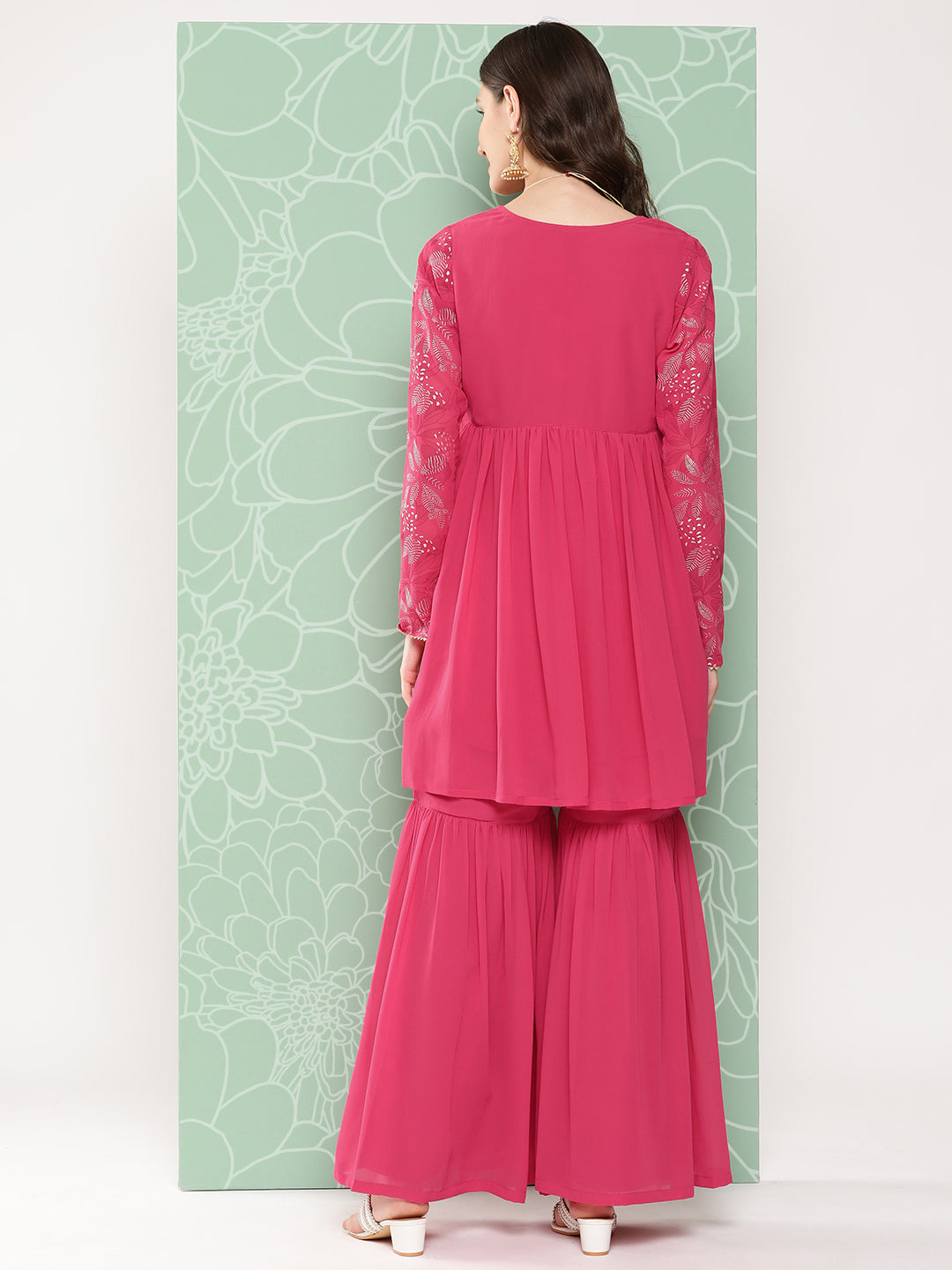 Janasya Women's Pink Georgette Foil Printed Flared Festive Short Kurta Set - Distacart