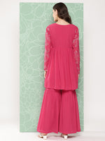 Thumbnail for Janasya Women's Pink Georgette Foil Printed Flared Festive Short Kurta Set - Distacart