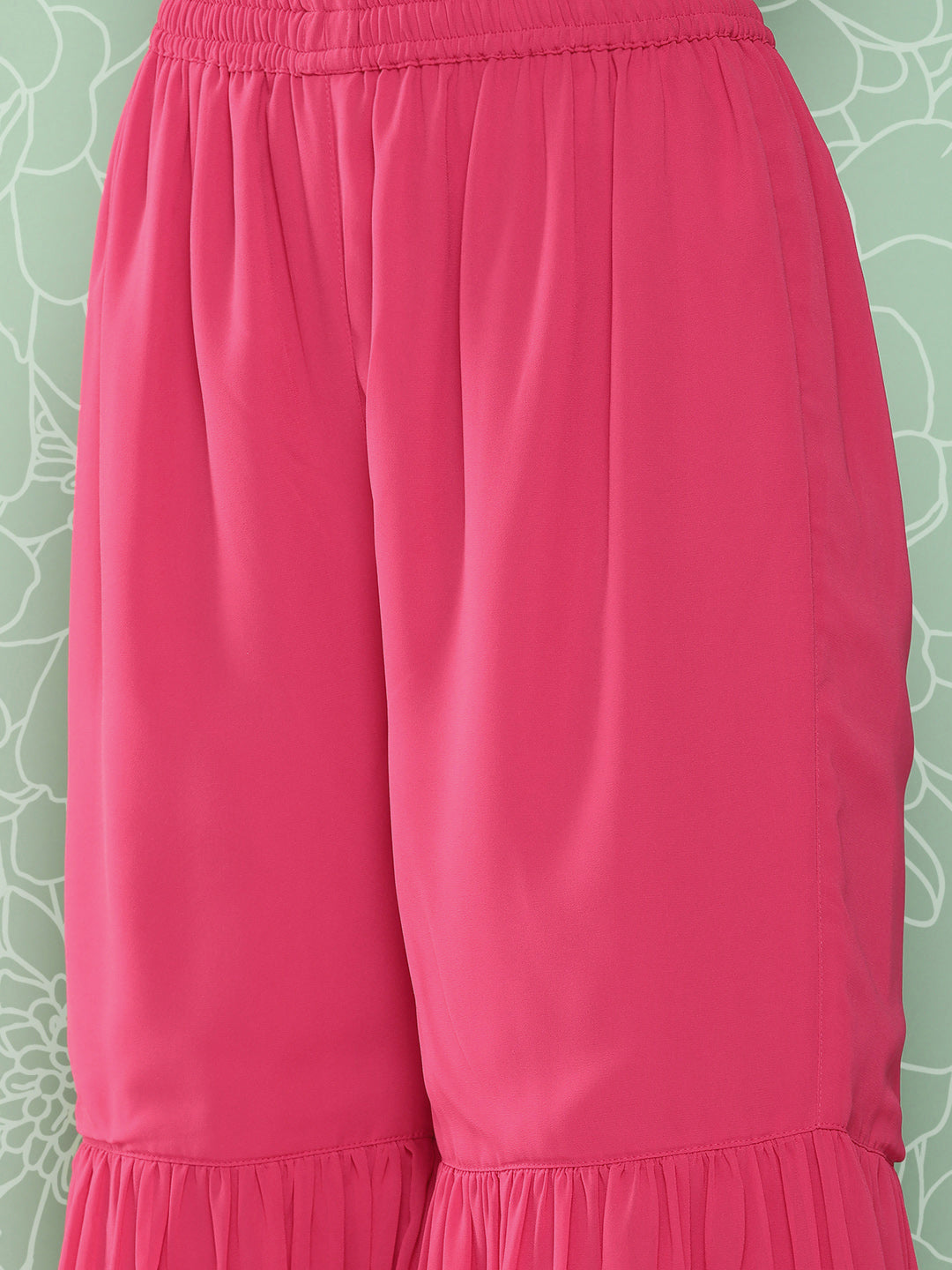 Janasya Women's Pink Georgette Foil Printed Flared Festive Short Kurta Set - Distacart