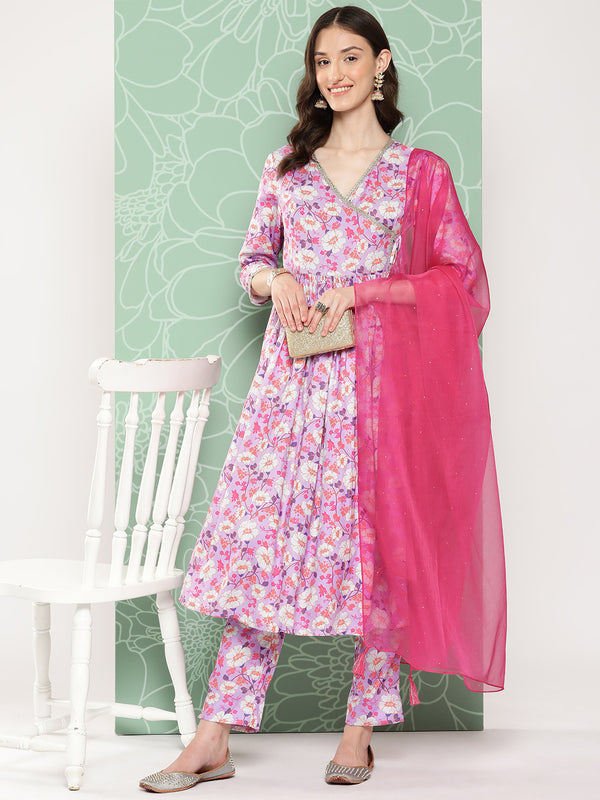 Janasya Women's Lavender Moss Digital Floral Printed Angrakha Festive Kurta Set - Distacart