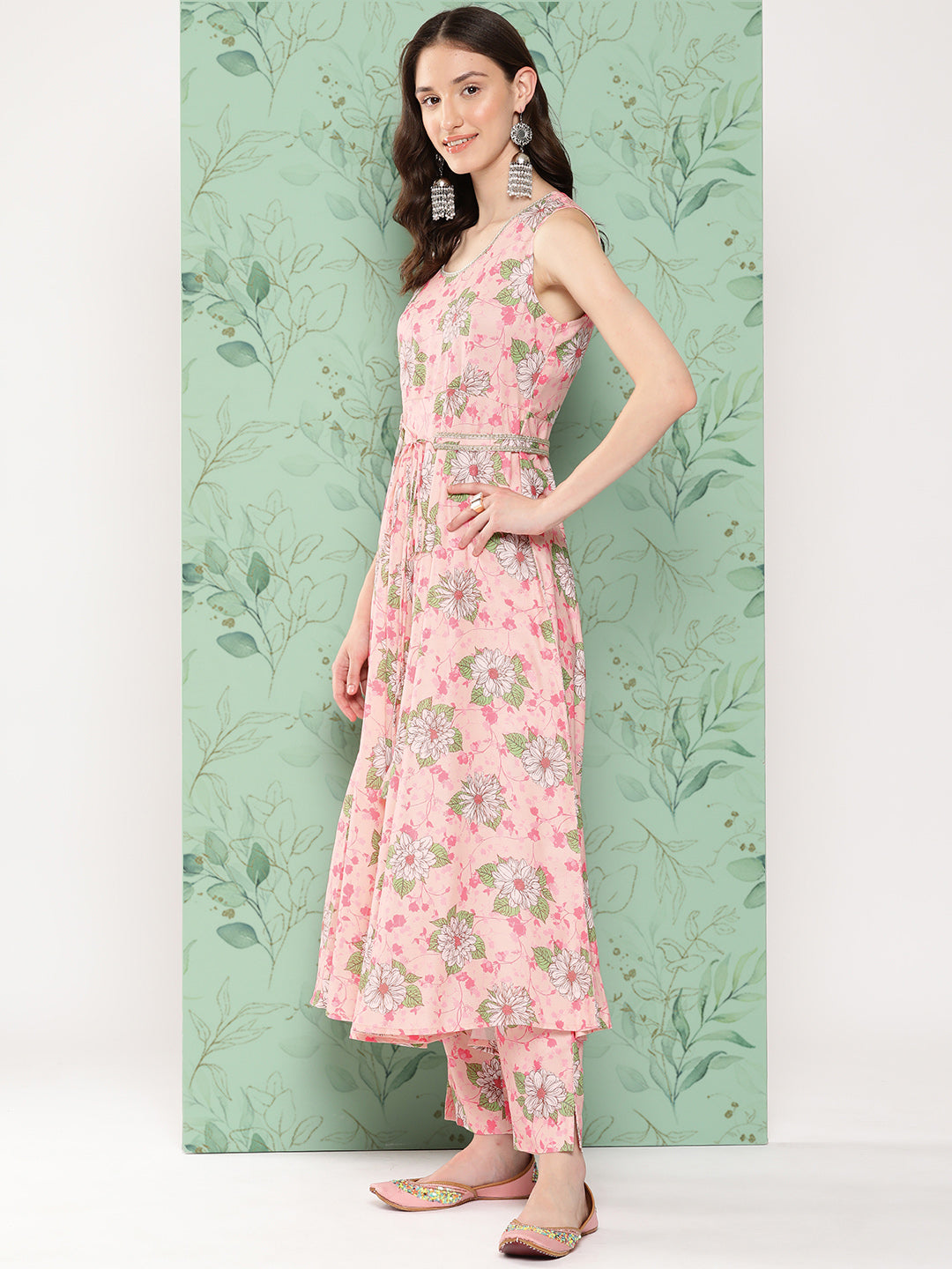 Janasya Women's Peach Moss Digital Floral Printed Flared Festive Kurta Set - Distacart