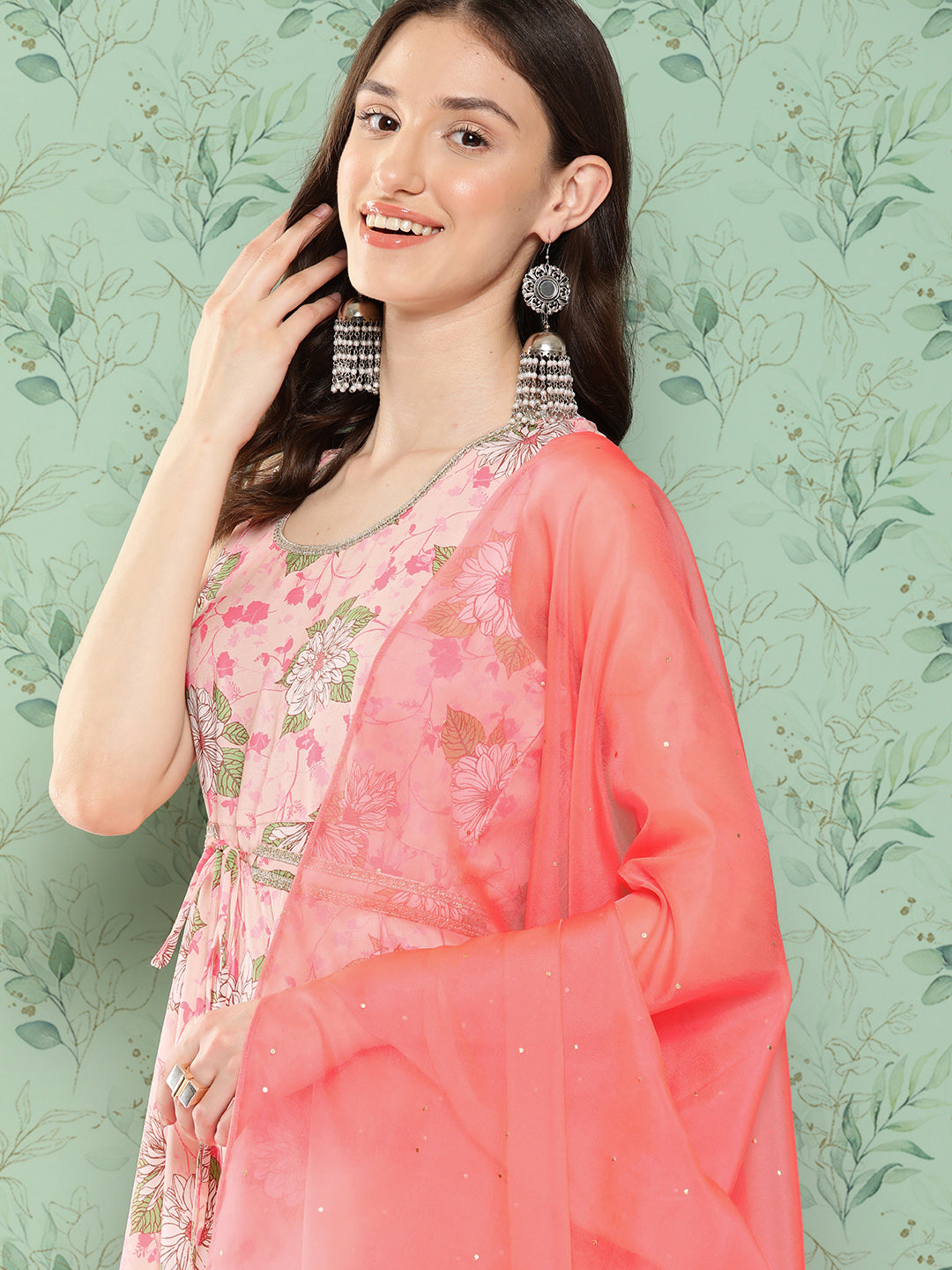 Janasya Women's Peach Moss Digital Floral Printed Flared Festive Kurta Set - Distacart