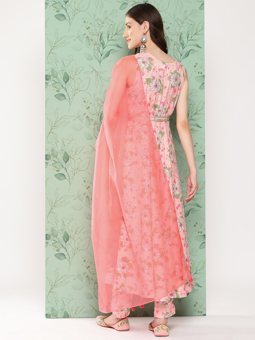 Janasya Women's Peach Moss Digital Floral Printed Flared Festive Kurta Set - Distacart