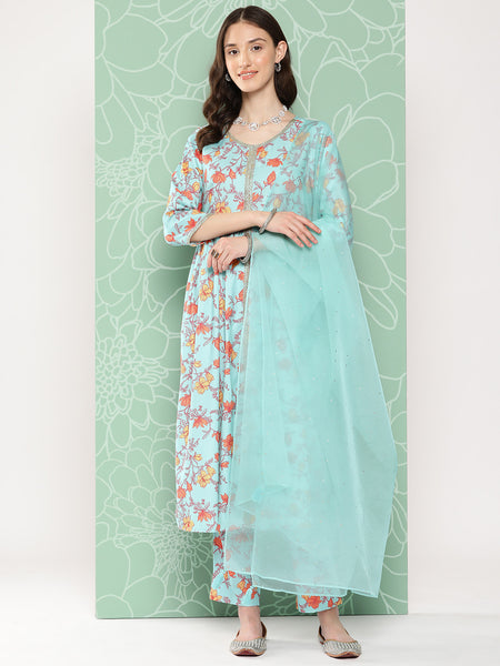 Janasya Women's Aqua Blue Moss Digital Floral Printed Gathered Festive Kurta Set - Distacart