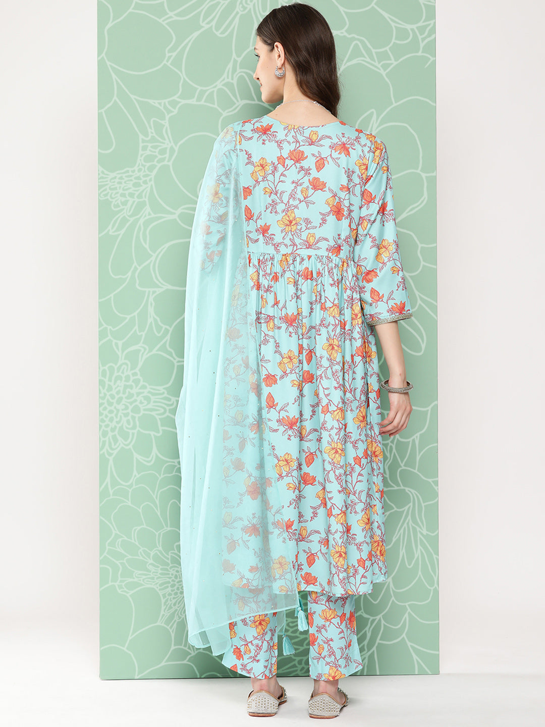 Janasya Women's Aqua Blue Moss Digital Floral Printed Gathered Festive Kurta Set - Distacart
