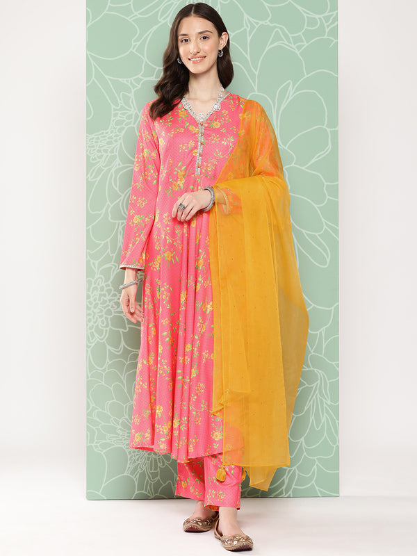 Janasya Women's Pink Moss Digital Floral Printed Panelled Festive Kurta Set - Distacart