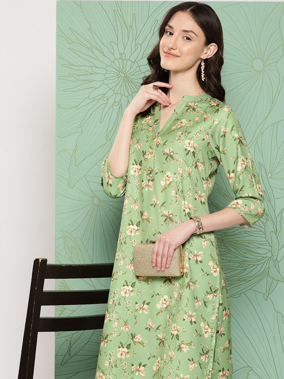 Janasya Women's Green Moss Digital Floral Printed Straight Casual Kurta Set - Distacart