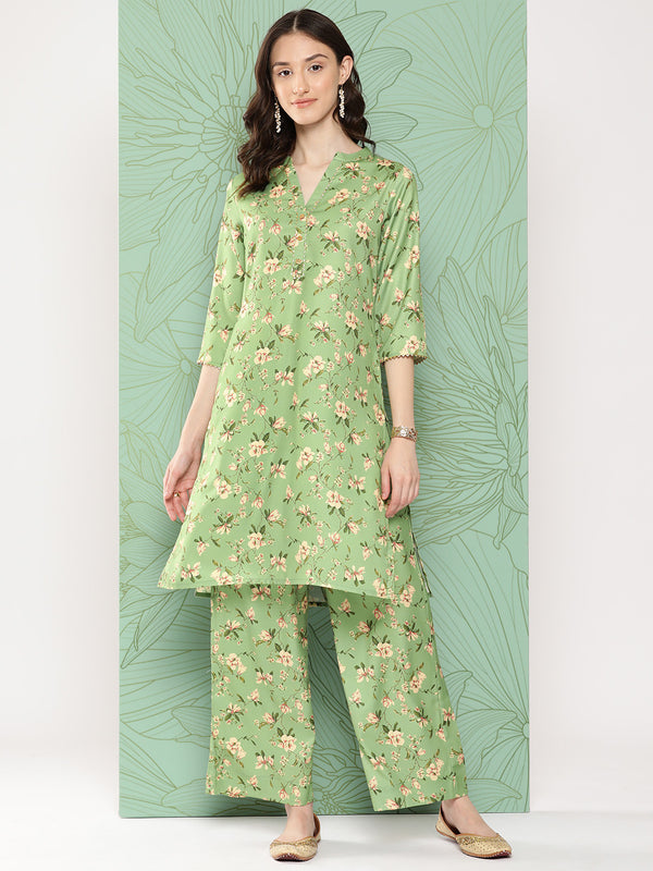 Janasya Women's Green Moss Digital Floral Printed Straight Casual Kurta Set - Distacart
