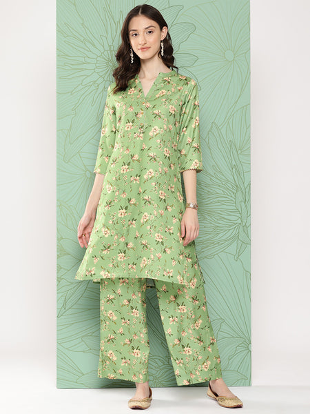 Janasya Women's Green Moss Digital Floral Printed Straight Casual Kurta Set - Distacart