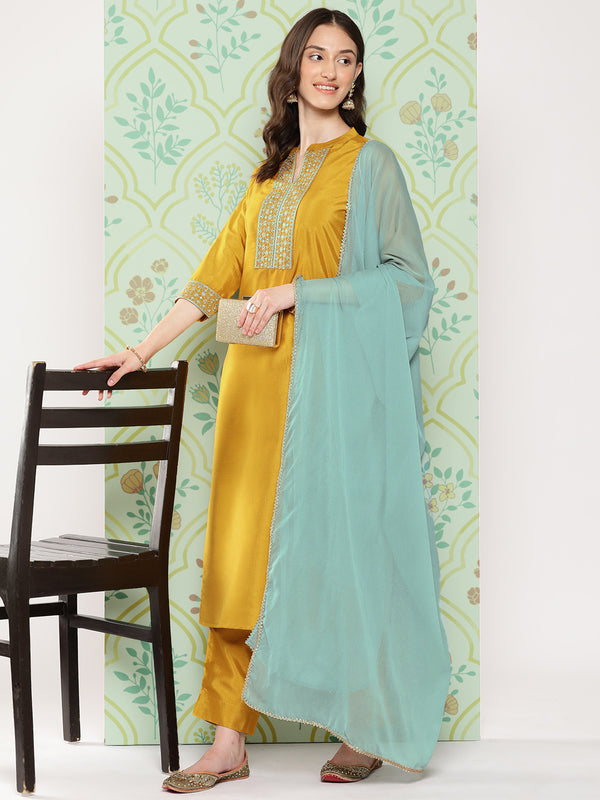 Janasya Women's Mustard Crepe Silk Solid Straight Festive Kurta Set - Distacart