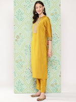 Thumbnail for Janasya Women's Mustard Crepe Silk Solid Straight Festive Kurta Set - Distacart