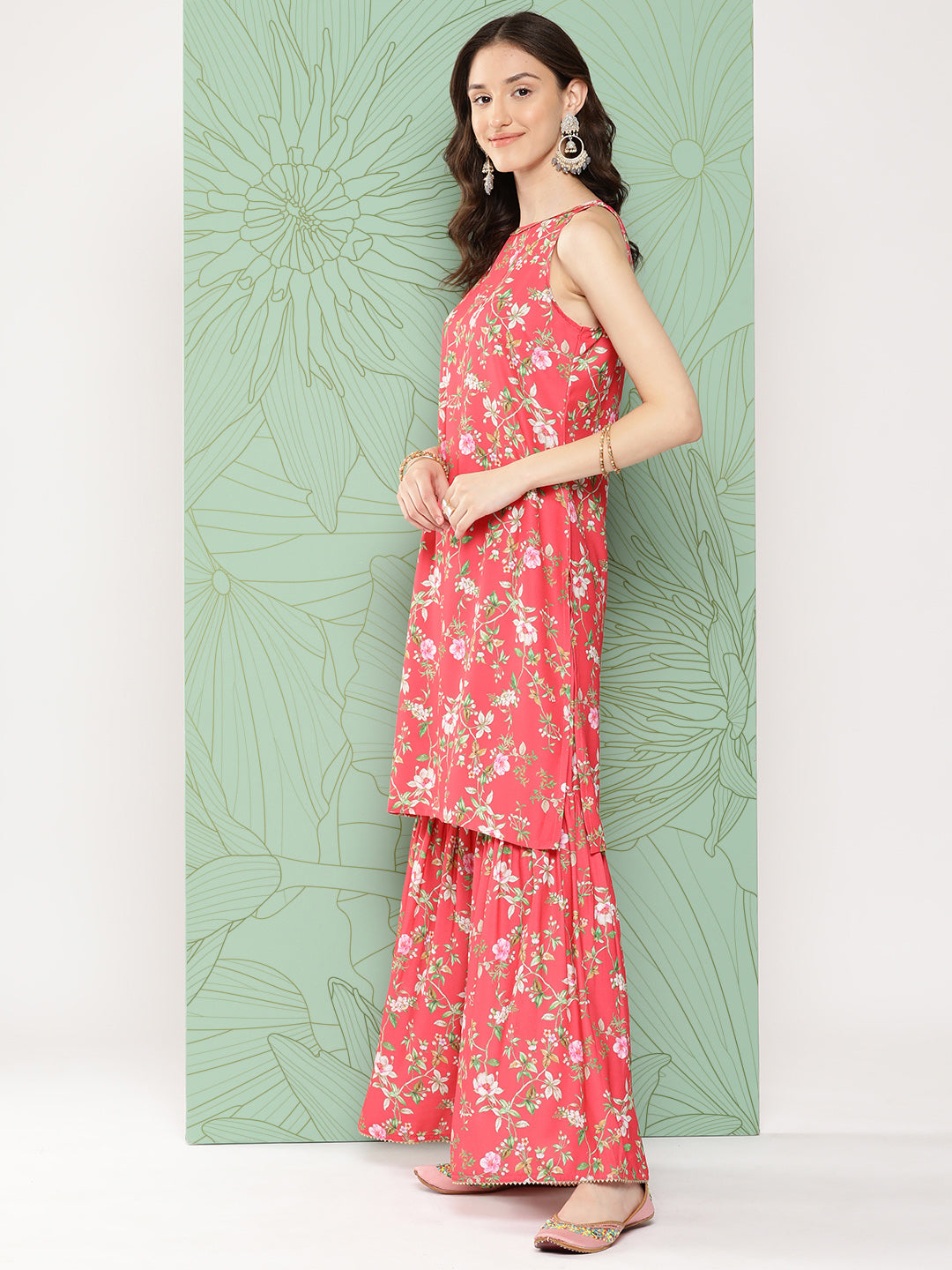 Janasya Women's Pink Moss Digital Floral Printed Straight Festive Kurta Set - Distacart