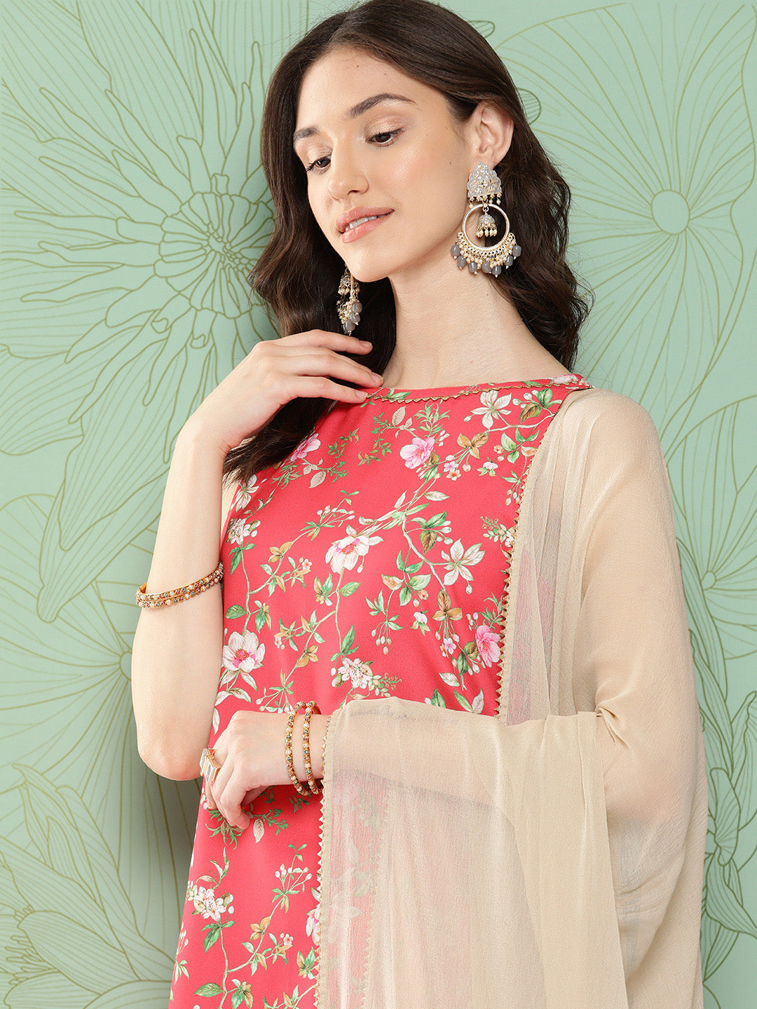 Janasya Women's Pink Moss Digital Floral Printed Straight Festive Kurta Set - Distacart