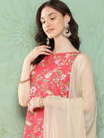 Thumbnail for Janasya Women's Pink Moss Digital Floral Printed Straight Festive Kurta Set - Distacart