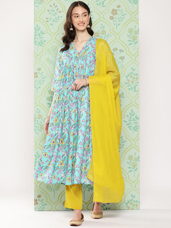 Janasya Women's Sky Blue Moss Floral Digital Printed Flared Festive Kurta Set - Distacart