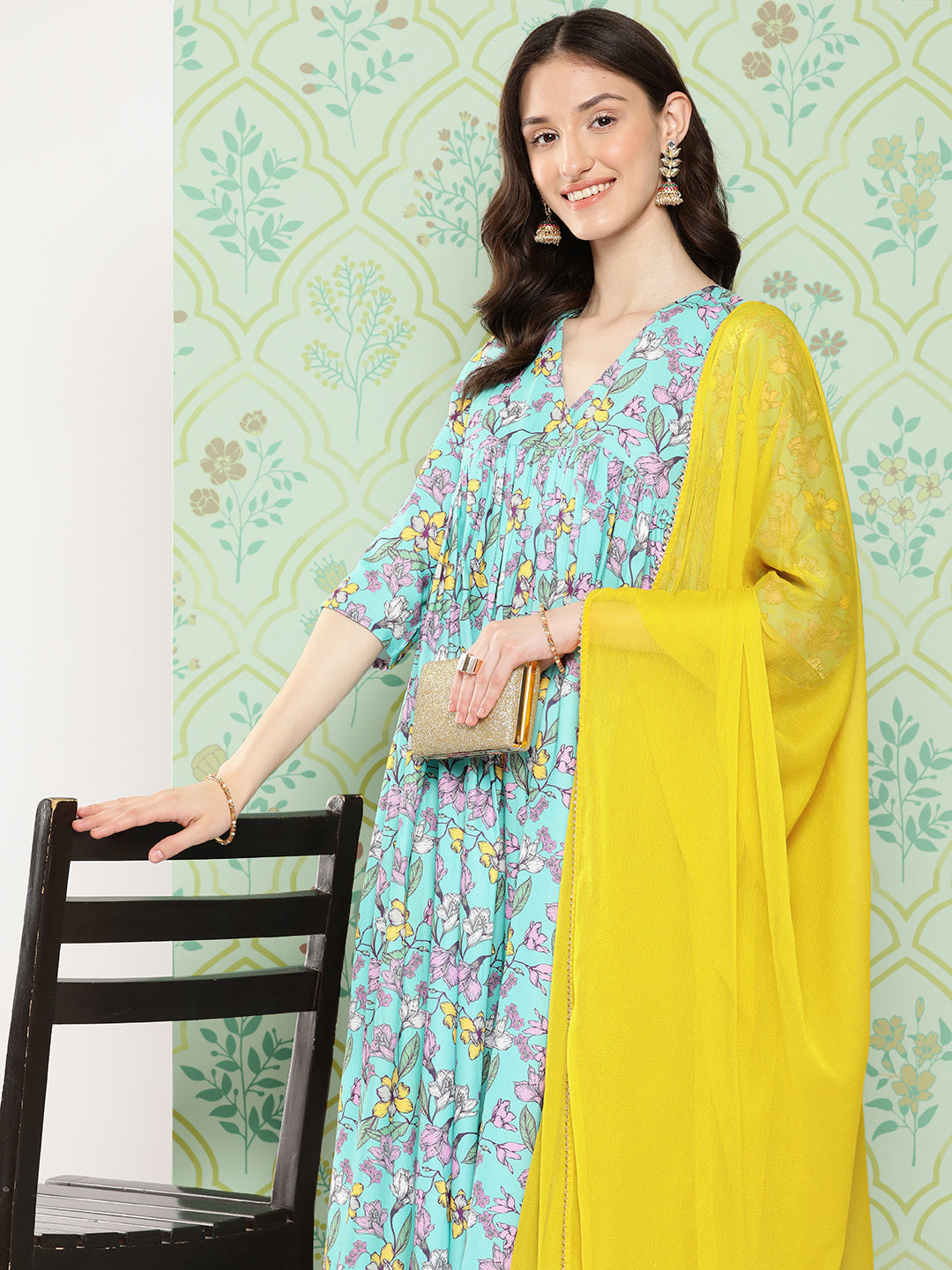 Janasya Women's Sky Blue Moss Floral Digital Printed Flared Festive Kurta Set - Distacart