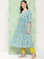 Thumbnail for Janasya Women's Sky Blue Moss Floral Digital Printed Flared Festive Kurta Set - Distacart